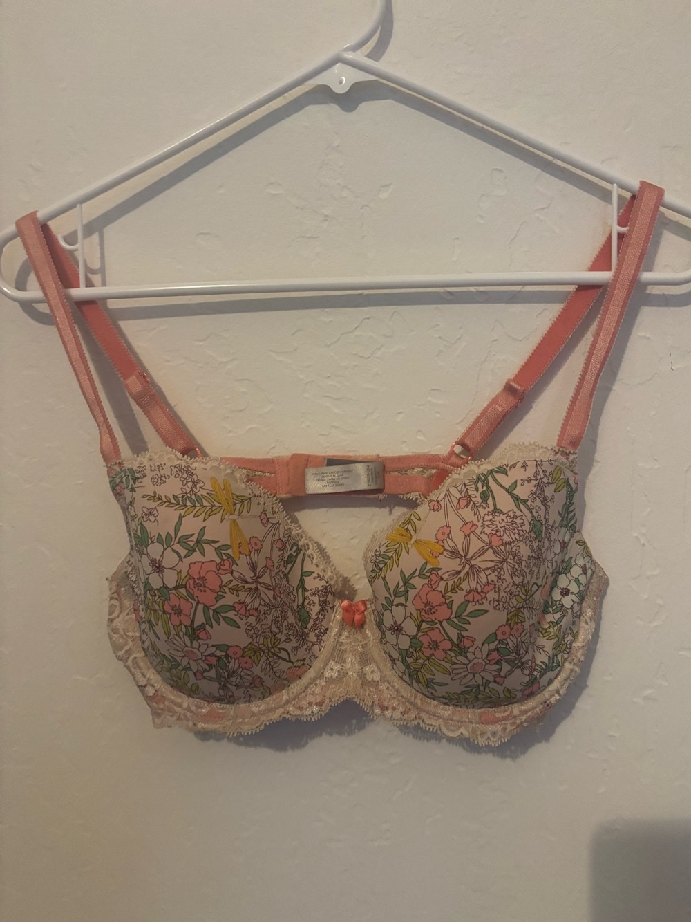 Victoria's Secret Floral Lace Underwire Bra with Coral Straps
